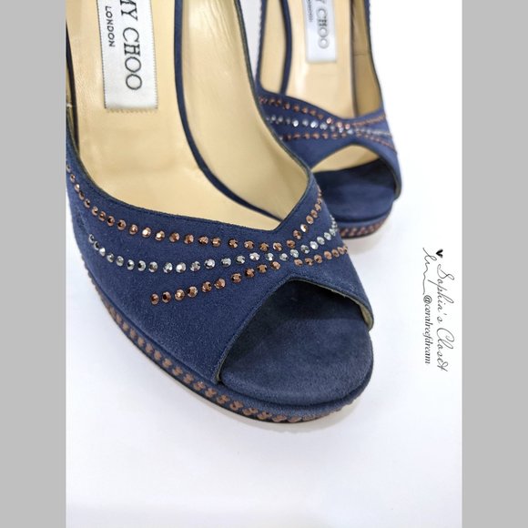 Jimmy Choo Blue Studded Suede Peep Toe High Heel - Picture 4 of 10